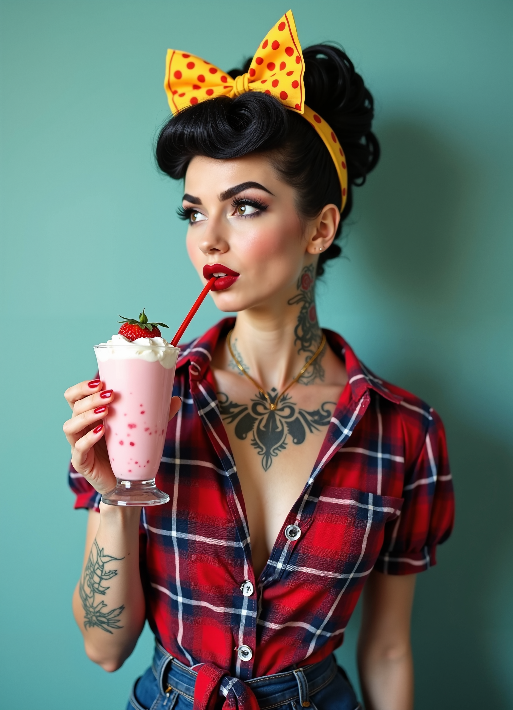 A stunning retro-style woman with a pin-up aesthetic. She has bold makeup featuring dramatic winged eyeliner and deep red lipstick. Her dark hair is styled in a voluminous 1950s updo, adorned with a large yellow bow with red polka dots. She wears a red and blue plaid shirt tied at the waist, emphasizing her vintage look. In her hands, she holds a tall glass filled with a pink strawberry milkshake topped with whipped cream, sipping through a red straw. Her expression is playful and slightly dreamy as she gazes off to the side. Tattoos decorate her neck and arms, blending retro and modern elements. The background is a smooth teal color, creating a striking contrast with her vibrant outfit.