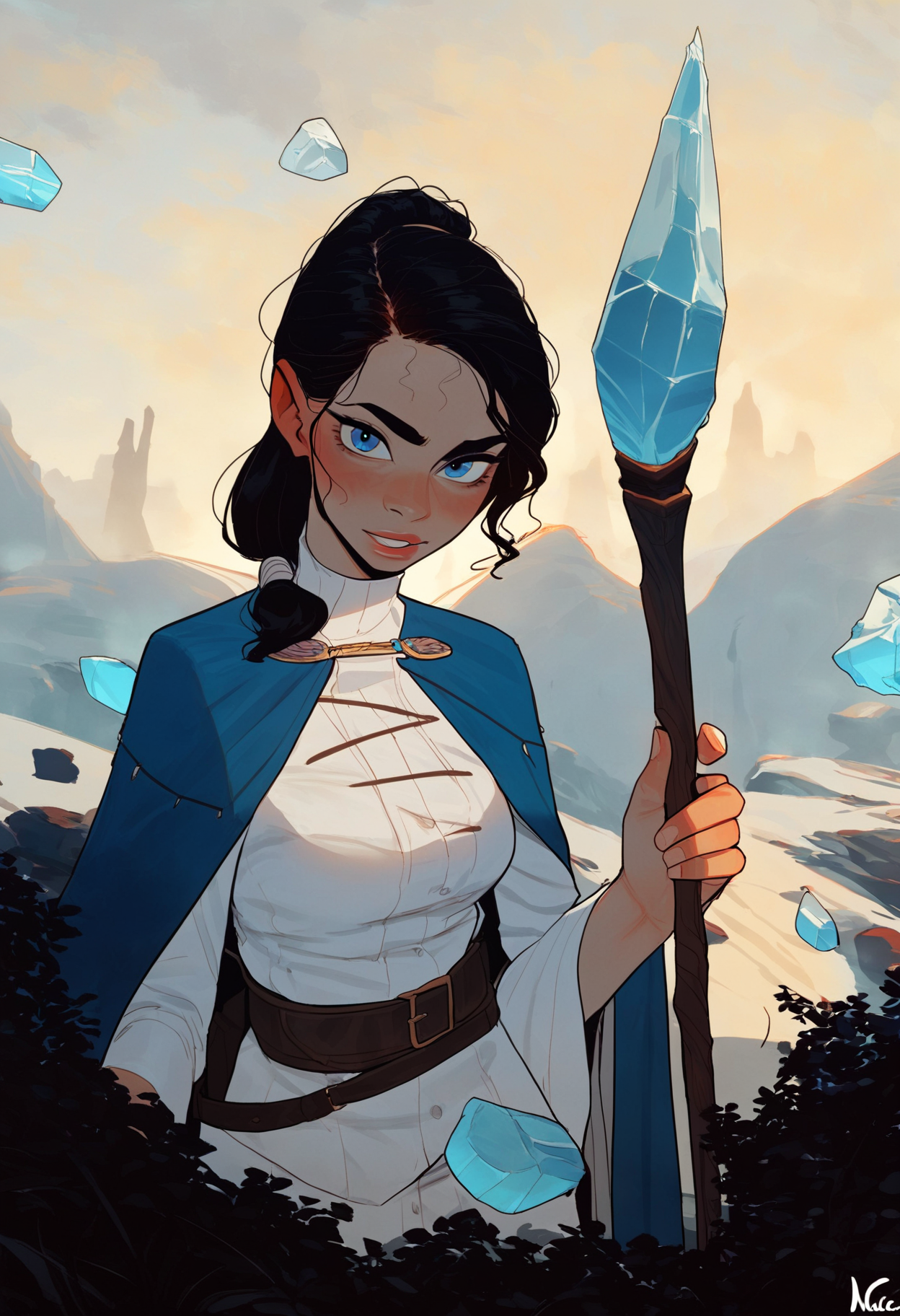 score_9_up, source_ anime, ratatatat74_style, incase_style,1girl, blue eyes, looking at viewer, black hair, ponytail, white vest, blue cape, holding a staff, tundra, ice,