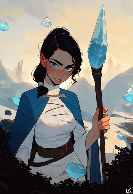 score_9_up, source_ anime, ratatatat74_style, incase_style,1girl, blue eyes, looking at viewer, black hair, ponytail, white vest, blue cape, holding a staff, tundra, ice,