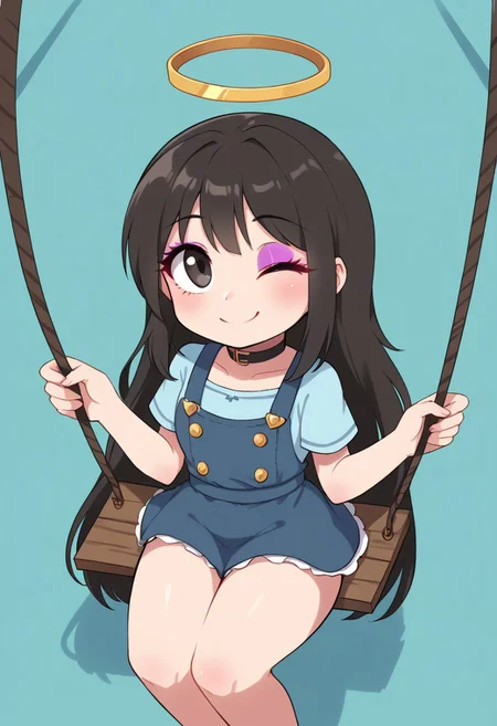 high quality, solo, swing, pinafore, looking up, blue shirt, long hair, one eye closed, halo, smile, choker, eyeshadow, eyelashes,
