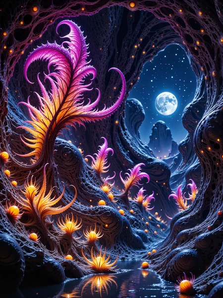 ultra-high-resolution, 8k, 4k, professional nature photography, national geographic style, nat geo, science fiction ecosystem, fractal geometry, alien plants with strange coiling bioluminescent ral-frctlgmtry feathery fronds, colored in glowing gradient neon hues, the plants are hanging upside-down, rooted in cracks of the stone ceiling inside a dark alien cavern at night on a distant planet, their organic forms coiled into wondrous spirals, in the background, the caveâs exit opens to an otherworldly night sky filled with stars, an alien moon visible low on the horizon, casting a faint cool glow across the landscape beyond, a shallow reflective pool directly beneath the glowing plant mirrors the luminous tendrils in the dark water, doubling the effect of the bioluminescence of the plants, several softly glowing alien fireflies hover near the glowing feathery fronds, drawn to their light, their own bodies emitting a soft yellow-orange luminescence that provides a visual counterpoint to the cool tones of the plants, medium-wide shot, eye-level perspective looking outward toward the cavern mouth, low ambient lighting with focused bioluminescent highlights from the fronds and insects, cool tones dominating with warm accents from the insect glow, a slight mist in the air enhancing light scatter, captured with a high-resolution digital camera, crisp depth of field, rich color balance and realistic textures, vanilla yellow and midnight purple and dresden blue and chartreuse and burgundy, ovg, alienplants, <lora:alien_plants-flux-by_chronoknight:0.84> <lora:style-fractal_geometry-flux-by_ralfinger:0.52>