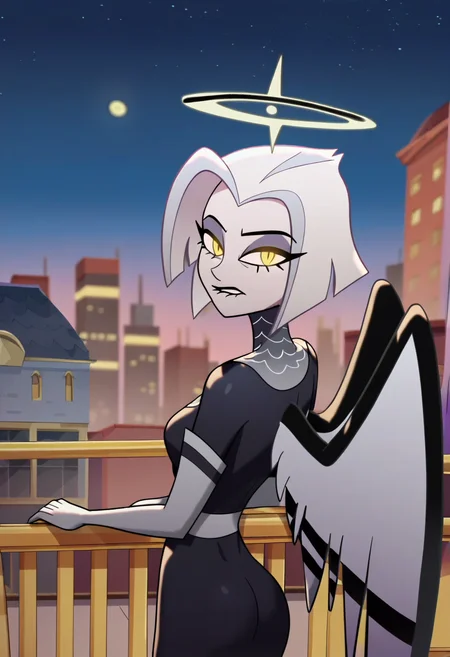 1girl, <lora:lute_hazbin_hotel_ponyxl_v1:0.9>, lute, looking at viewer, head tilt, biting own lip, standing, railing, hand on railing, glowing eyes, night, moon, starry sky, blurry background, skyscraper, from side, from behind, ass, glowing halo, solo, half-closed eyes, wings, elbow gloves, black dress, white sash, black halo, chainmail collar,
BREAK
score_9, score_8_up, score_7_up, masterpiece, best quality, (screencap:0.5)