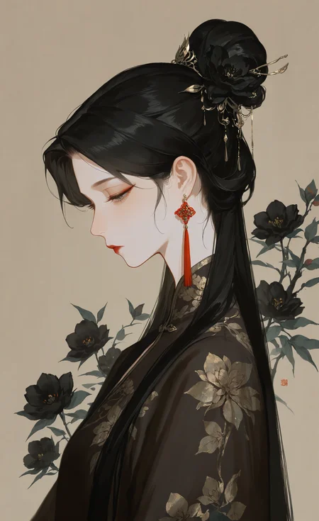 masterpiece, best quality, good quality, very awa, very aesthetic, absurdres, newest,  Chinese girl, solo, long hair, simple background, black hair, hair ornament, closed mouth, jewelry, upper body, flower, sidelocks, earrings, hair flower, hair bun, from side, parted bangs, grey eyes, eyelashes, profile, expressionless, chinese clothes, looking down, half-closed eyes, floral print, single hair bun, tassel, brown background, floral background, red lips, tassel earrings, black flower, updo, flower earrings, parted hair,(Chinese painting, ink,:1.2), <lora:ponyv4_noob1_2_adamW-000017:0.8> <lora:USNR_STYLE_XL_lokr:0.45> <lora:EtherSDXL:0.15> <lora:zzziGnXL_il_lokr_V531:0.4>