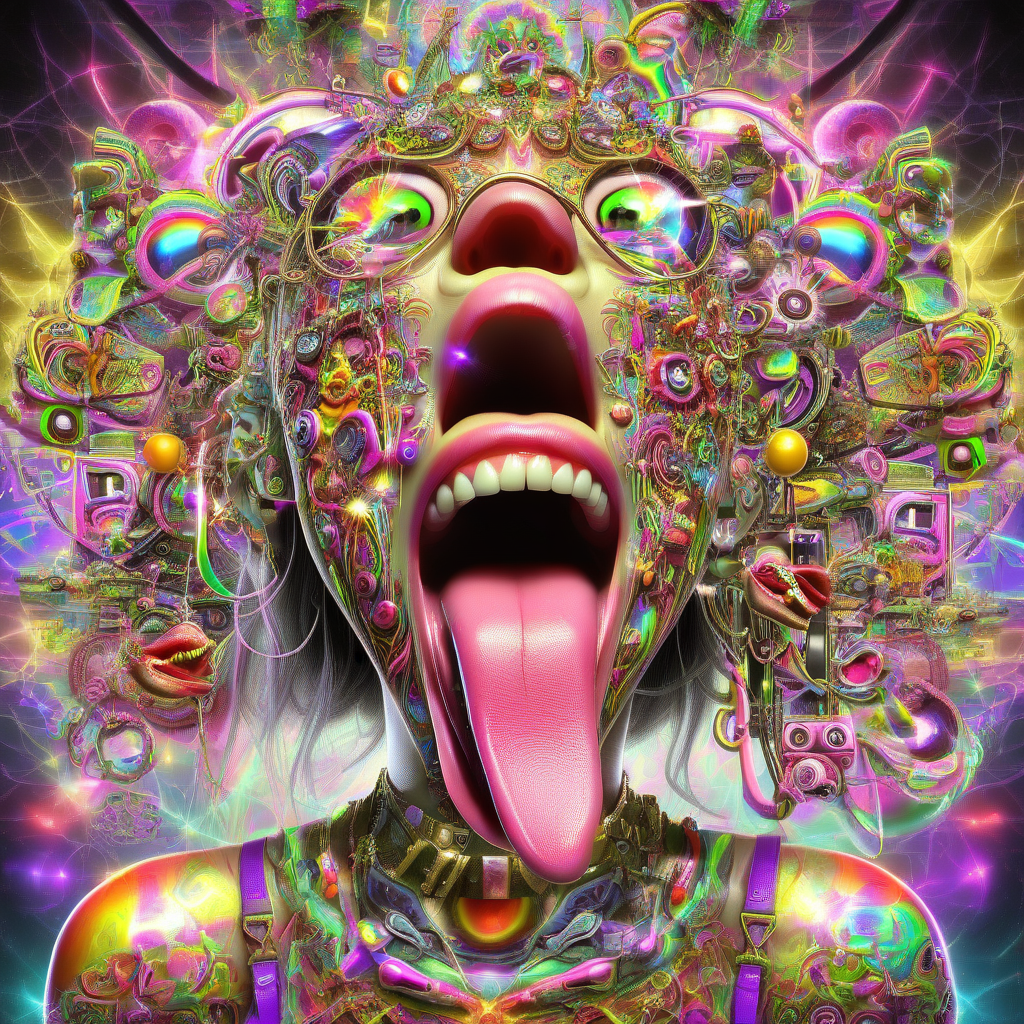 helios, tongue, colorful, 1girl, tongue out, sign, teeth, long tongue, midriff, open mouth, navel, psy