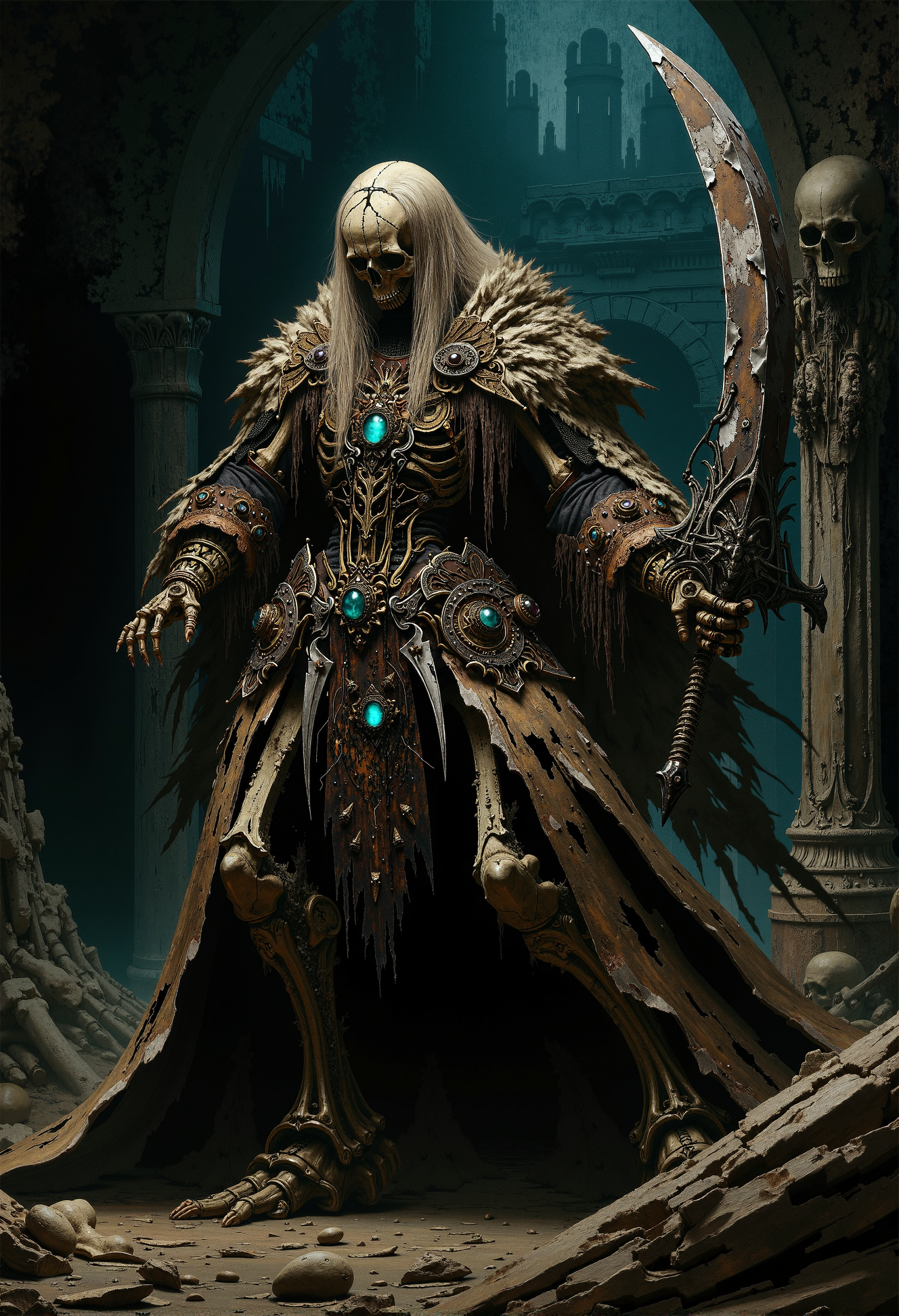 An elaborate Baroque-style oil painting of a high-ranking skeleton warrior, mid-swing with a massive, broken broadsword. Its turquoise, glowing eye sockets blaze with an eerie light, set in a cracked skull. The tattered remains of a leather armor cling to its decayed frame, ripped and battle-worn. The jagged, chipped broadsword arcs through the air with force, as if the warrior is locked in eternal combat. The ornate details of the armor and weapon contrast with the grime and filth covering the skeleton's bones. In the background, the dim, ancient catacombs stretch into darkness, lined with crumbling stone walls and shadows. The scene is dynamic, powerful, and hauntingly majestic. <lora:- Flux1 - vanta_black_V1.0.safetensors:0.75>, <lora:FluxDFaeTasticDetails.safetensors:0.2>,  <lora:Elden_Ring_-_Yoshitaka_Amano.safetensors:1.0>,  <lora:svgvrs_flx_EliPot.safetensors:0.5>,