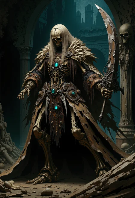 An elaborate Baroque-style oil painting of a high-ranking skeleton warrior, mid-swing with a massive, broken broadsword. Its turquoise, glowing eye sockets blaze with an eerie light, set in a cracked skull. The tattered remains of a leather armor cling to its decayed frame, ripped and battle-worn. The jagged, chipped broadsword arcs through the air with force, as if the warrior is locked in eternal combat. The ornate details of the armor and weapon contrast with the grime and filth covering the skeleton's bones. In the background, the dim, ancient catacombs stretch into darkness, lined with crumbling stone walls and shadows. The scene is dynamic, powerful, and hauntingly majestic. <lora:- Flux1 - vanta_black_V1.0.safetensors:0.75>, <lora:FluxDFaeTasticDetails.safetensors:0.2>, <lora:Elden_Ring_-_Yoshitaka_Amano.safetensors:1.0>, <lora:svgvrs_flx_EliPot.safetensors:0.5>,