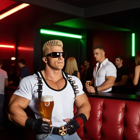 DukeNukem1024, a muscular blond man with sunglasses, drink a beer in a stripclub, highly detailed, photography, ultra sharp, film, professional, 64k <lora:add-detail-xl:1.5> <lora:DukeNukem1024:0.8>