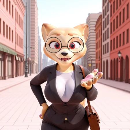 8k, masterpiece, best quality, highly detailed, realistic, 1girl, solo, ShibaSS, female furry, anthro, canine, shiba inu, light-orange eyebrows, red eyes, black pupils, black nose, tan body, tan fur, big breasts, voluptuous, (office lady, round glasses, black suit, white undershirt, fully clothed, brown shoulder bag), mature female, (walking), smile, wide eyes, (looking at viewer), city, sidewalk, afternoon, sunny, front view, detailed background, open mouth, fangs, teeth, ((5 fingers:1.2, medium tail)), flat nose, outdoors, pink paw pads, 3D, Zootopia_Artstyle, blushing, hand on hip, offering hand