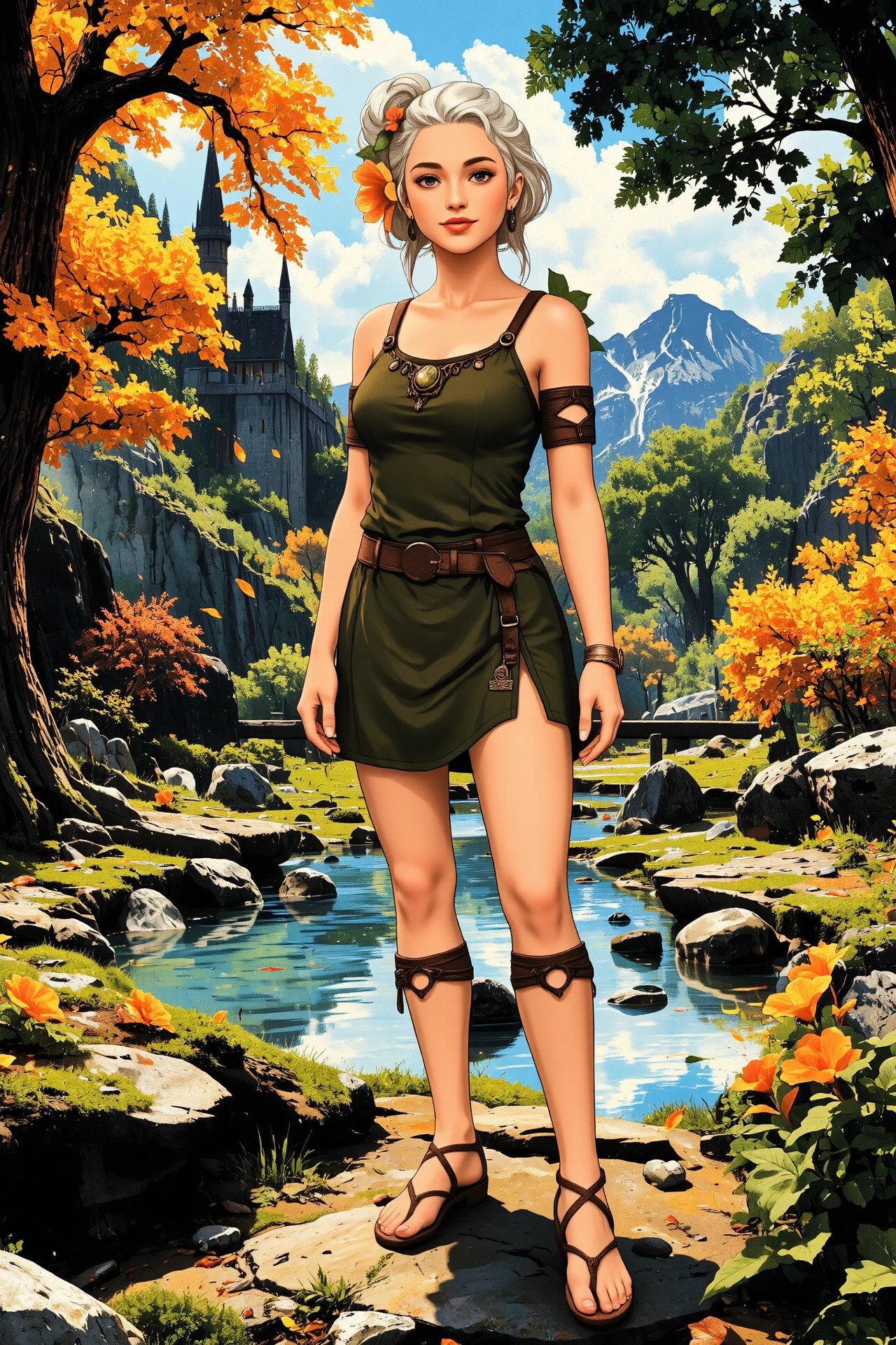 updo hairstyle white hair (young woman), (druid:1.2), anime, illustration, (extremely detailed), (portrait), (standing:1.2), (happy smile), flower in hair, glossy lipstick, celtic necklace, oval earrings, loincloth, (sandals),  Olive Green (druid short dress), (legs), heels, (sharp focus),  fantasy, (beautiful celtic landscape:0.9), (small rock:0.9), (moss:0.4), (ripples, reflections:0.8), celtic  castle, (small river small pond:0.5), druid forest, (druid village:1.2), (stunning nature environment:0.8), (enchanted land:0.5), clovers, (Bright Orange flowers:0.9), leaves,bright (sunny sky), (sunset:0.3), best quality, colorful, wet floor, raytracing, hdr, high contrast, ethereal natural lights, backlight, (lens flare:0.4), shadows, (vibrant colors, colorful):0.6, pretty, beautiful, happy, smiling, feminine, sexy, lovely, in love, adorable, fashion,  <lora:Hand v2:1> <lora:Anti-Blur:1><lora:Insane Detail Slider:0.5>  <lora:flux.1_lora_flyway_Epic-detail_v2:0.3><lora:fluxenhancer:0.5> <lora:RetroAnimeFluxV1:0.4> <lora:Luminous_Shadowscape:0.4>