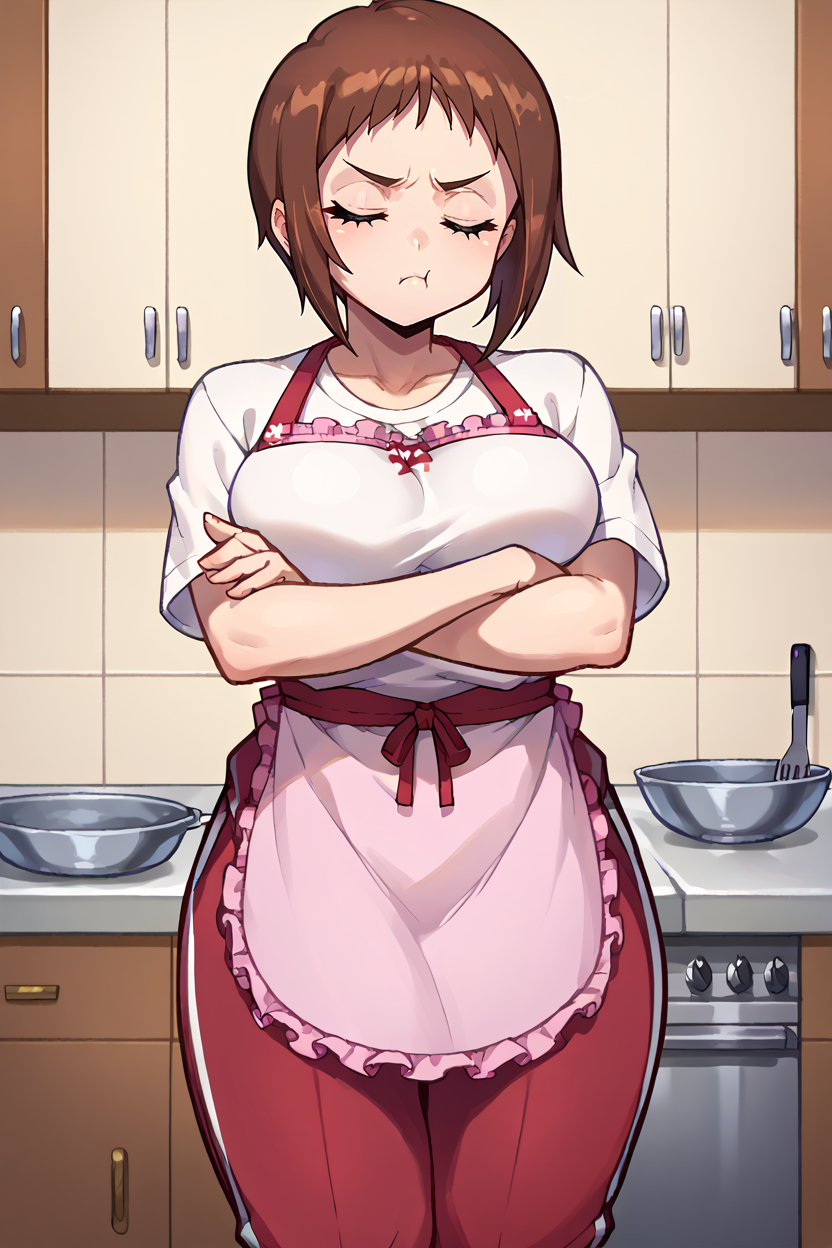 score_9, score_8_up, score_7_up, score_6_up, source_anime BREAK 1girl, solo  <lora:wakanaui-pdxl-nvwls-v1-000005:1> wakanaui, brown hair, short hair, pink apron, apron, white shirt, big breasts, red track pants, crossed arms, pout, closed eyes, looking to the side, kitchen, sneakers,  <lora:Pout_XLPD:0.7> pout, :t, closed mouth