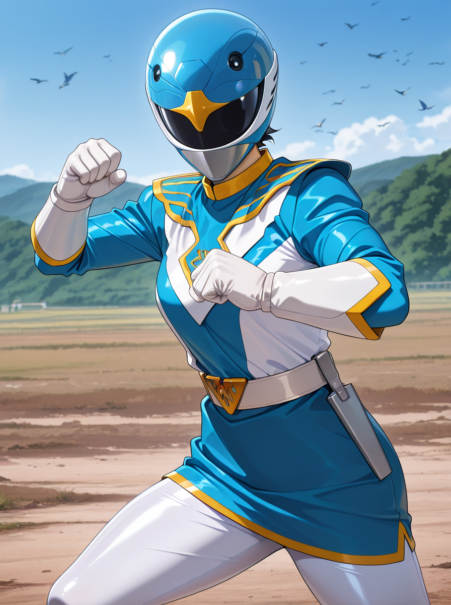 masterpiece, best quality, amazing quality, very aesthetic, absurdres, newest,shiny skin,  anime screenshot, anime coloring  <lora:BlueSwallowIL:1>blueswallowil, solo, 1girl, helmet, gloves, female focus, belt, white gloves, bird, uniform mask, fighting stance,  white_pants outdoors  clenched hands,