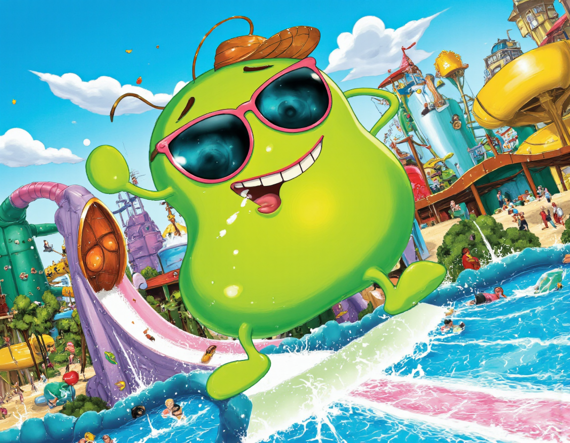  <lora:cartoonvibes:0.85> cartoonvibes, A vibrant, cartoon-style illustration of a goofy, bright green blob with a cheeky grin, enjoying a splashing time in a colorful aquapark. The blob has a soft, jelly-like texture, with visible shimmering water droplets on its surface, and its big, shiny eyes are a sparkling blue. It has a few silly, curved antennae on its head, which are wiggling with excitement. The blob is wearing a pair of trendy, oversized sunglasses with brightly colored frames, and a matching beach hat that's slightly askew. Its pose is playful, with its blobby body bouncing on a giant, inflatable water slide, surrounded by laughing, splashing kids and adults. The aquapark environment is a kaleidoscope of colors, with towering water slides, a wave pool, and a lazy river, all set against a clear blue sky with a few puffy, white clouds. The lighting is warm and sunny, with a few sparkles and glints of water reflecting the light, adding to the overall sense of fun and playfulness. The illustration features bold lines, exaggerated shapes, and vibrant textures, with a mix of digital and hand-drawn elements, giving it a dynamic, energetic feel. The shot is a wide-angle view, capturing the entire scene, with the blob as the main focus, and the surrounding environment blurred slightly to emphasize the sense of movement and excitement. The overall mood is one of carefree joy and hilarious adventure, perfect for a fun-filled day at the aquapark. . 35mm photograph, film, bokeh, professional, 4k, highly detailed