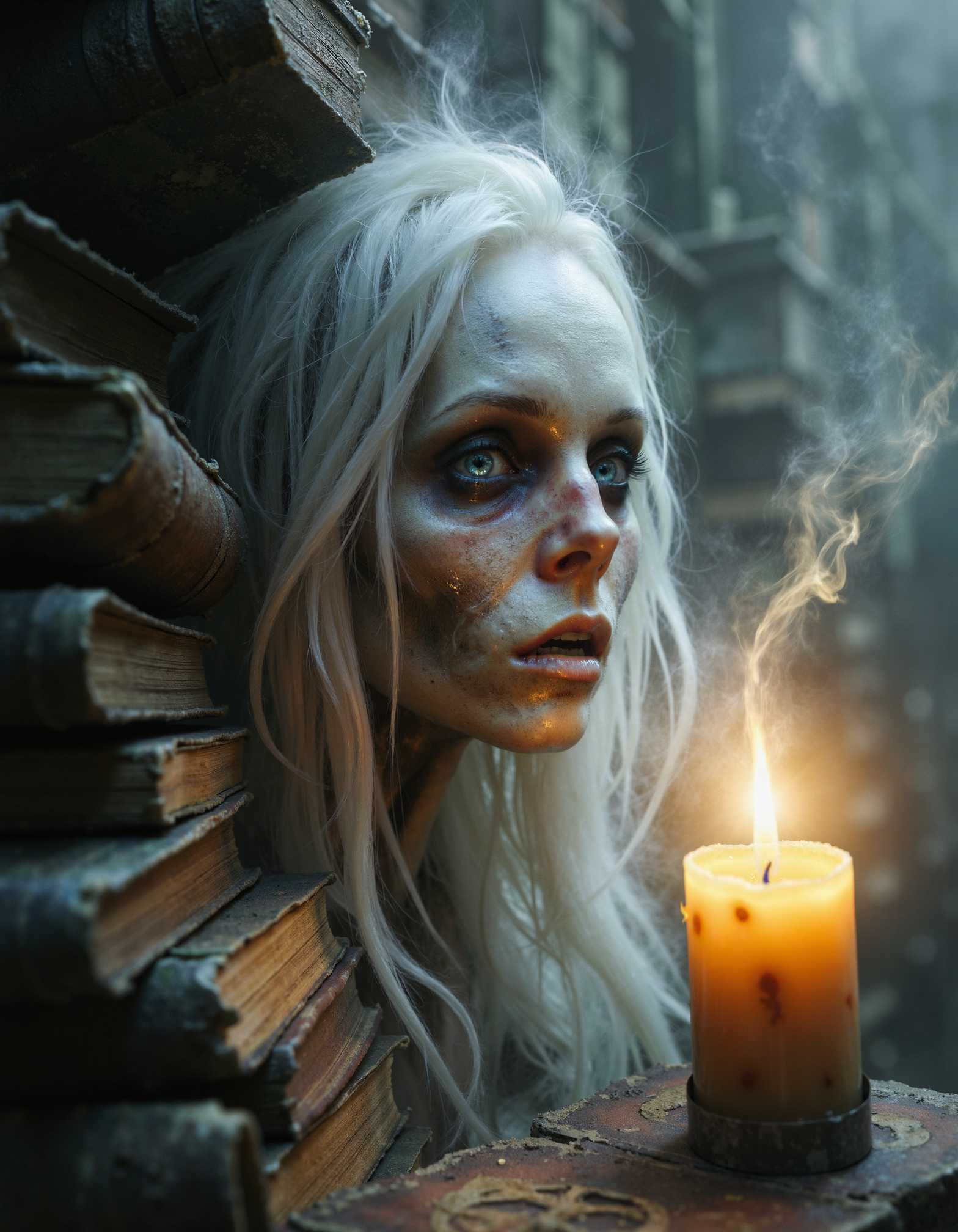 zavy-ghst, Extreme macro close-up of a ghostly face with features softly blurred, translucent skin glistening like dew, wispy strands of iridescent vapor swirling instead of hair, the ghost is gazing intently at a flickering candle flame, set against a backdrop of an ancient library filled with dust-covered tomes and cobwebs, ethereal and haunting photographic style with a dreamlike quality, color palette of muted pastels interspersed with deep shadows and hints of soft gold.