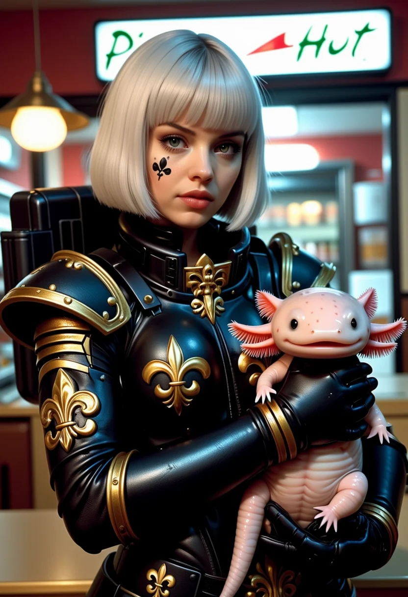 authentic amateur 1990's analog photograph of sistersofbattle clad in her power armor and stern facial expression, with white bob cut haircut and green eyes, indoors pizza hut at night, holding her happy pet axolotl in her arms, the axoltol has pink frilly gills and round black eyes, her black ornate gothic armor has gold trim and a power pack attached to the back. she has a black fleur-de-lis tattoo under her left eye, night time, slightly overexposed flash casting a shadow