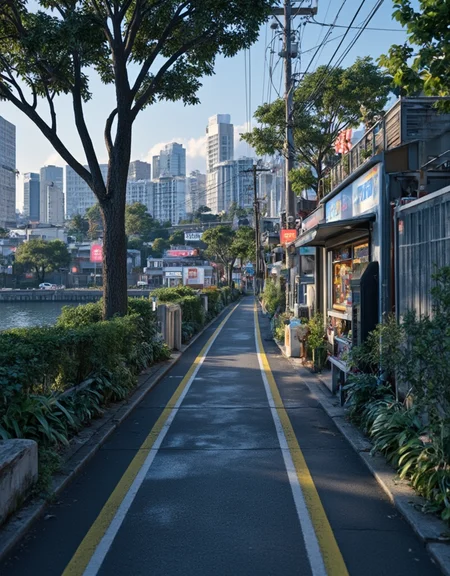 <lora:citybkgv2:1> citybkg, cyberpunk, evening, sun shades, very detailed, very narrow walkway, river, shore; futuristic, ground view, high buildings in the background, billboard on trees, signs, shop, kanji, illuminated, neon street marking, city lights, houses, vegetation,