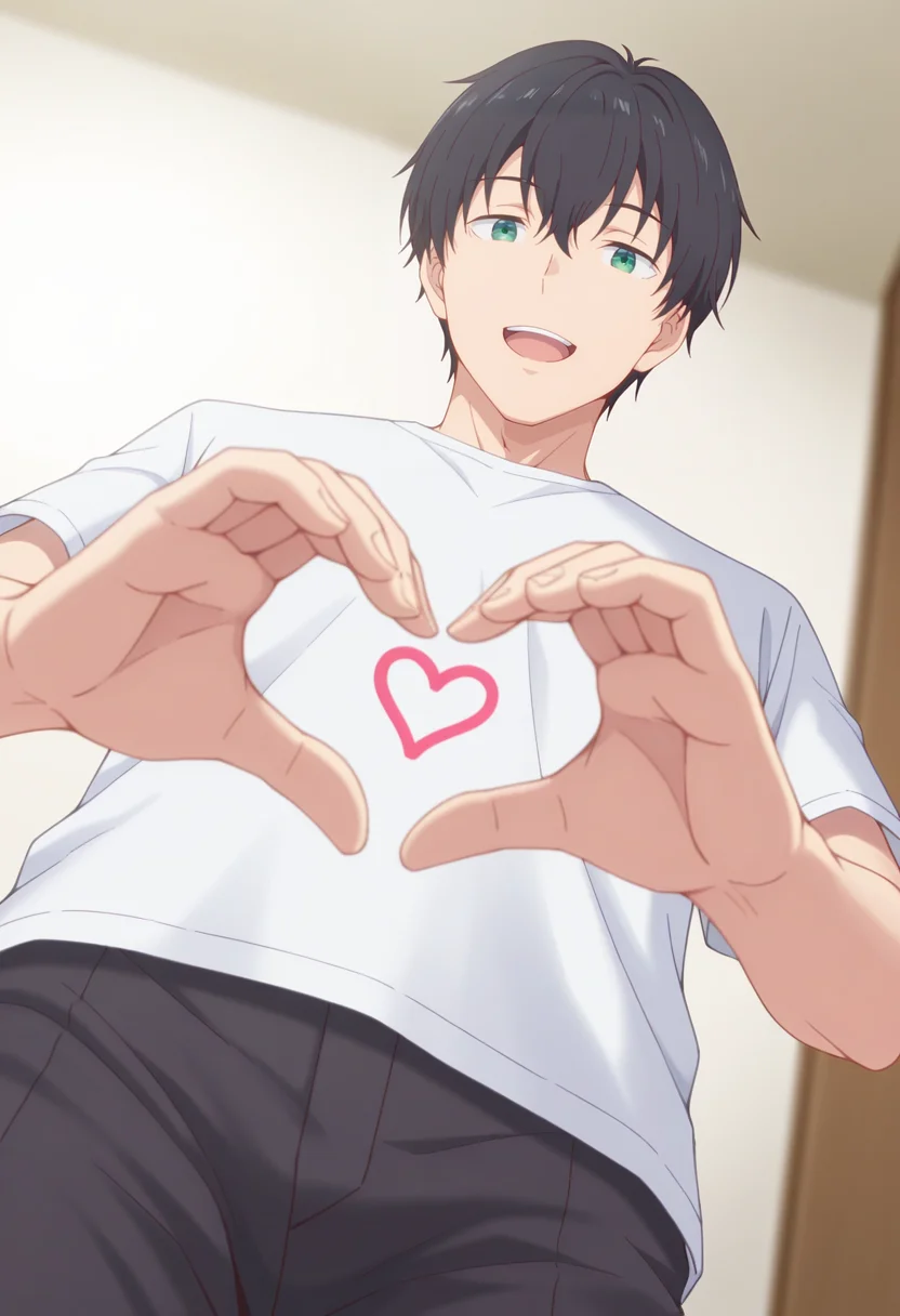 masterpiece, best quality, amazing quality,high resolution, intricate details,depth of field , , , 1boy, solo, male focus, <lora:Yuuta_Asamura:0.89>,yuuta asamura,black hair,green eyes,short hair,looking at viewer,t-shirt, black pants,from below,love sign hand,pose,smile,upper teeth,mouth open