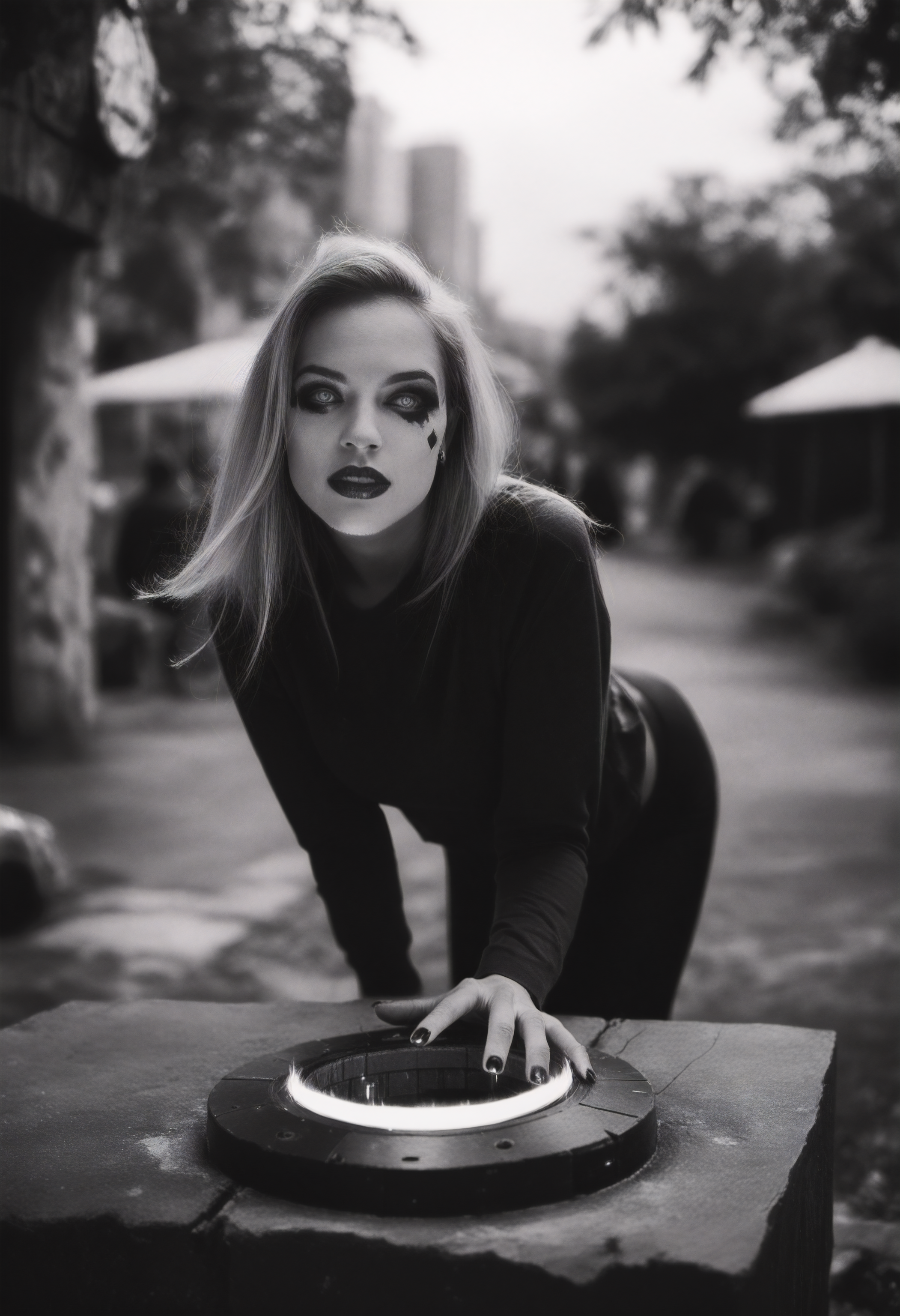 score_9, score_8_up, score_7_up, harley_quinn, dc_comics, blonde_hair, blue_eyes, cowboy shot, bent over, time portal, outdoors, anime, 8W.safetensors, <lora:test\8W.safetensors:1.0>