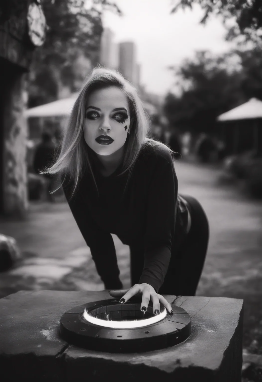 score_9, score_8_up, score_7_up, harley_quinn, dc_comics, blonde_hair, blue_eyes, cowboy shot, bent over, time portal, outdoors, anime, 8W.safetensors, <lora:test\8W.safetensors:1.0>