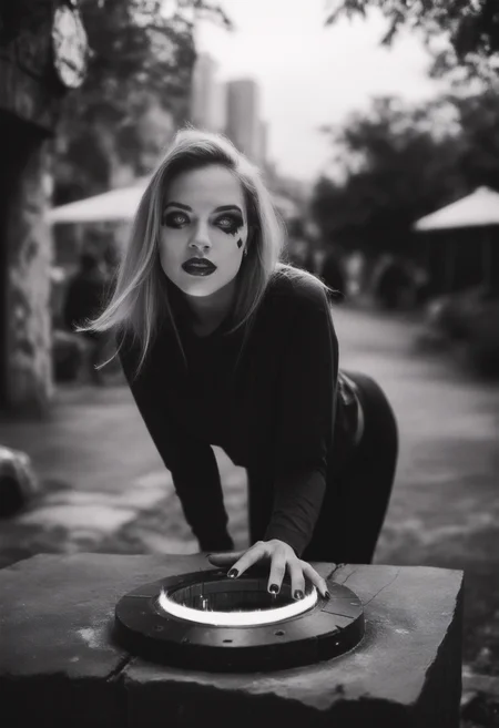 score_9, score_8_up, score_7_up, harley_quinn, dc_comics, blonde_hair, blue_eyes, cowboy shot, bent over, time portal, outdoors, anime, 8W.safetensors, <lora:test\8W.safetensors:1.0>