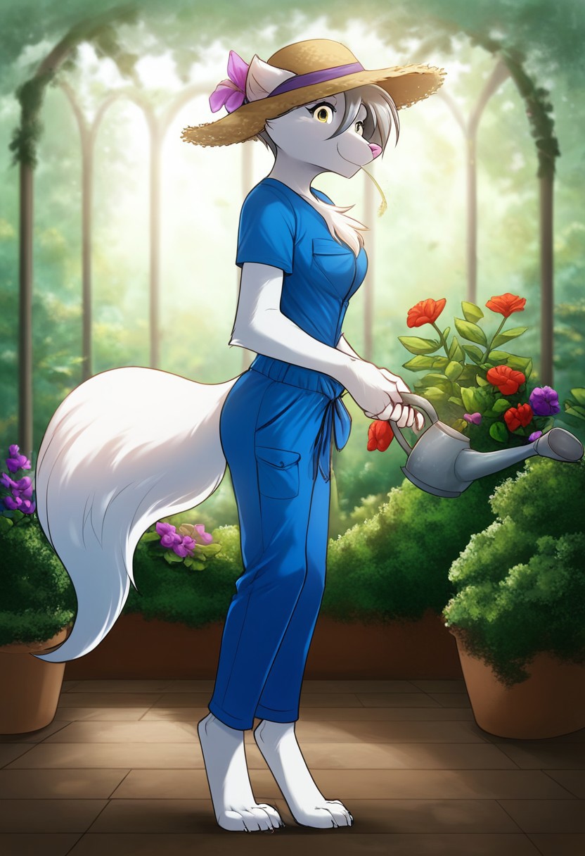 score_9, score_8_up, score_7_up, score_6_up, source_furry, rating_explicit, solo, solo focus, female, 1girl, medium breasts, Standing, garden jumpsuit, the straw hat, white garden T-shirt, cute expression, looking at viewer, flower garden, Holding a watering can, watering the flowers, raine-twokinds, white fur, detailed, perfect hands, five fingers, full body, side view, side side
