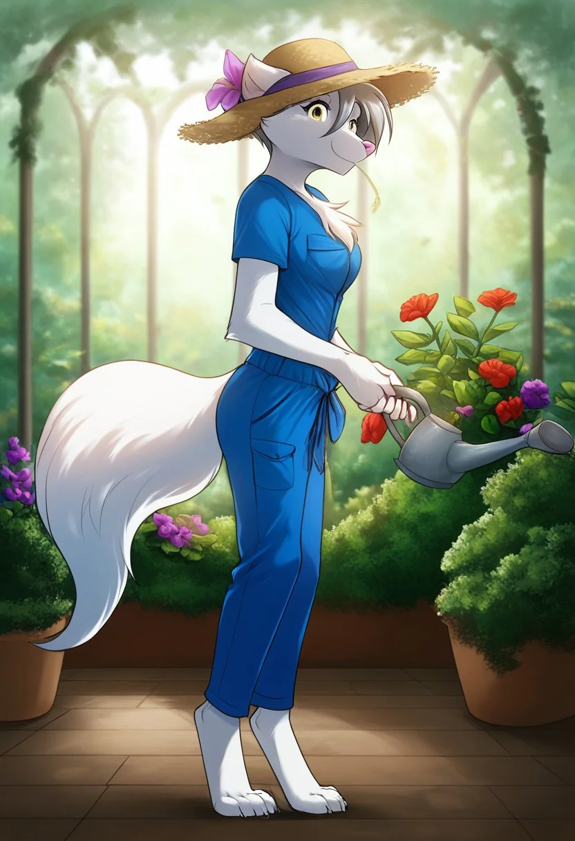 score_9, score_8_up, score_7_up, score_6_up, source_furry, rating_explicit, solo, solo focus, female, 1girl, medium breasts, Standing, garden jumpsuit, the straw hat, white garden T-shirt, cute expression, looking at viewer, flower garden, Holding a watering can, watering the flowers, raine-twokinds, white fur, detailed, perfect hands, five fingers, full body, side view, side side