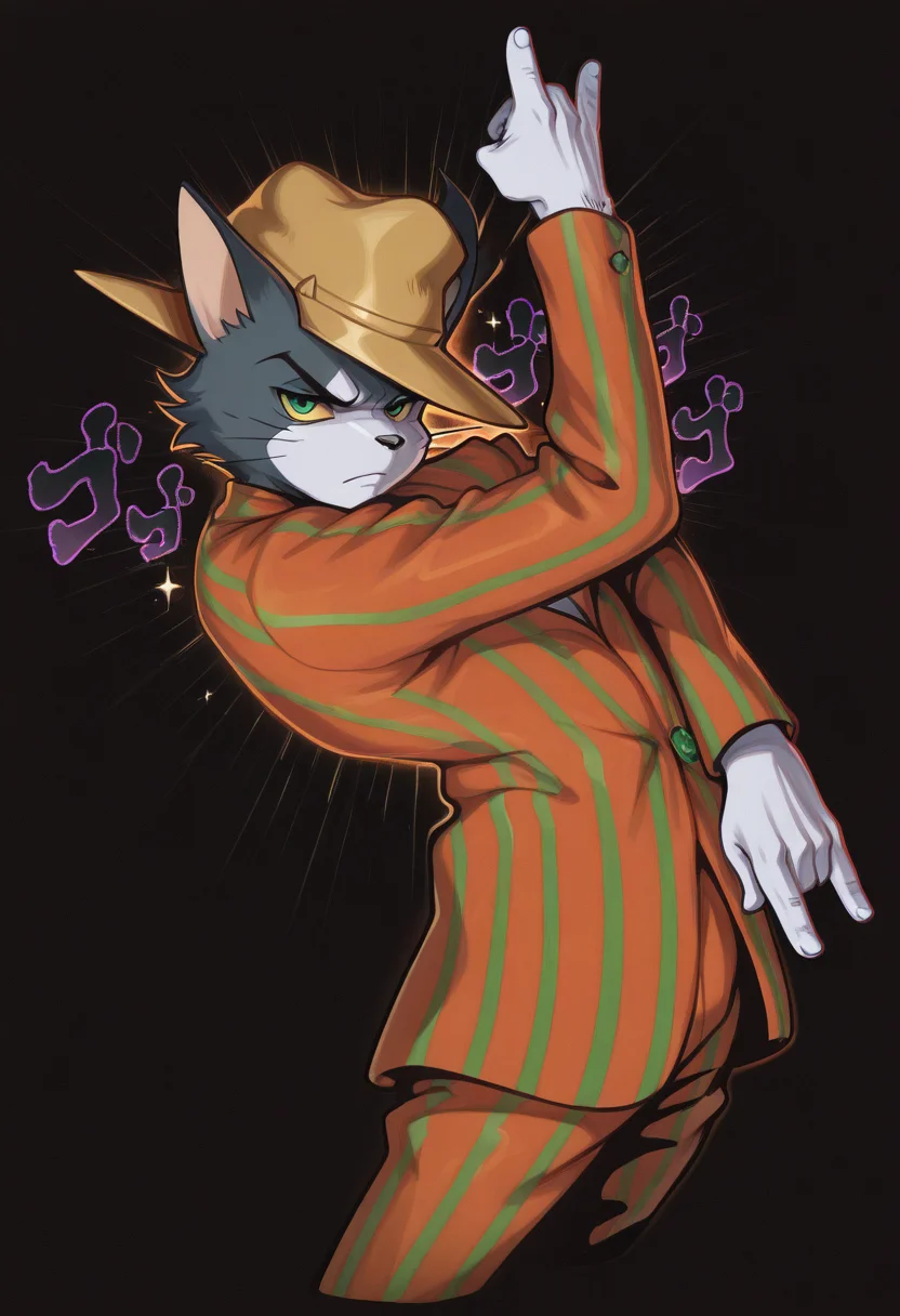 masterpiece, best quality, Graphic Design, color art, vibrant colors, colorful, intricate details, high contrast, detailed background, beautiful detailed, beautiful face, detailed eyes, detailed face, new, newest, z00tt0m, 1boy, solo, male focus, furry, cat, yellow sclera, green eyes, grey fur, whiskers, hat, formal, suit, striped jacket, striped pants, simple background, black background, cowboy shot, dynamic pose, orange aura, menacing, looking at viewer, serious face, qu33n, hand up, \n/, jojo pose, pose, leaning back,