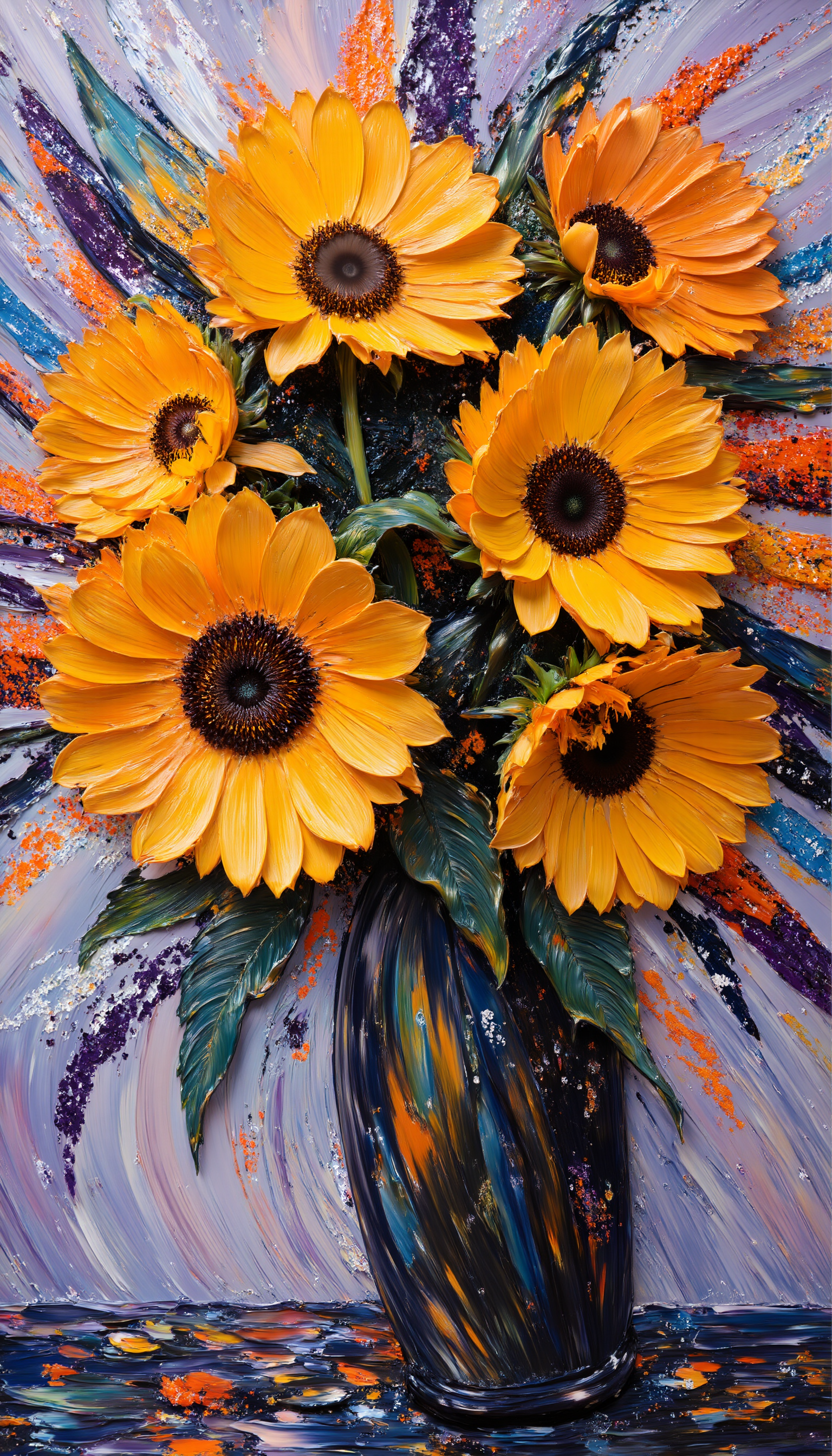 A dynamic and minimalist take on "Sunflowers" in the style of Vincent van Gogh, with thick, textured brushstrokes using impasto and modern materials. The sunflowers are painted with a combination of bold, swirling strokes and clean lines, using bright, unconventional colors like electric yellow and deep purple. The flowers stand out against a minimal, monochrome background, creating a striking contrast between the rough, textured petals and the smooth simplicity of the overall composition. The result is an energetic, modern masterpiece that balances intensity with refined minimalism, impasto, brushwork, paint layers, a sleek, stippling, <lora:Midjourney_Whisper_BrushPulse_v01_epoch_20:1>,  <lora:midjourney_whisper_flux_lora_v01:1>,
