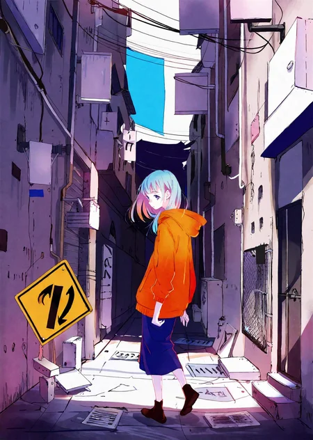a woman with medium-length colorful hair wearing hoodie walking under a broken sign in an alleyway
by ajimita,
best quality,
