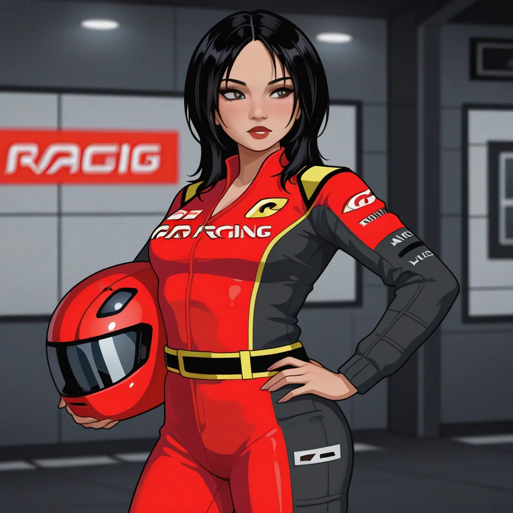 masterpiece, best quality,   , <lora:AnikaMC-000004:1> midnightclub, anikamc, 1girl, red racing suit, holding helmet,