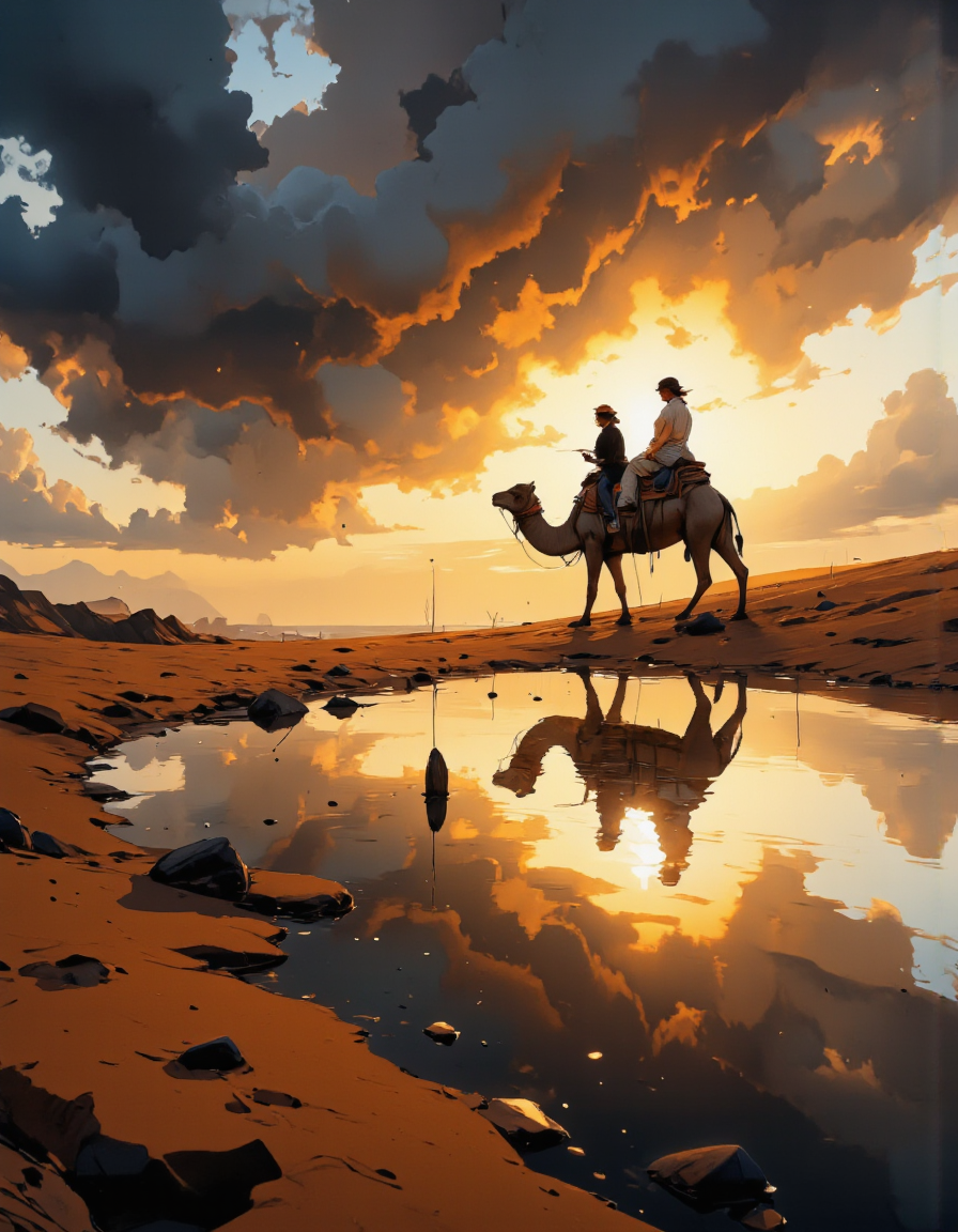 A highly detailed cinematic photography.
riding camel, golden hours, light and shadow play, intricate light, beautiful reflection, desert, dune, cloudy sky, god rays, 1girl, scenery, day, ripples, solo, water, reflective water, wide shotadorned face.
Niji style.