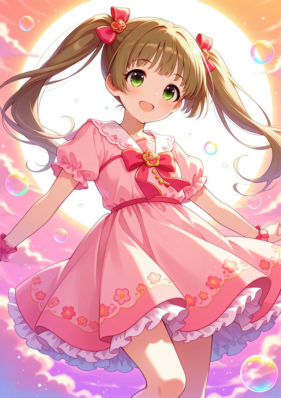 sfw, general,
<lora:Yokoyama_Chika_Cinderella:0.9>, Yokoyama_Chika_Cinderella, long hair, twintails, brown hair, hair ornament, green eyes,
idolmaster, idolmaster cinderella girls, pink dress, floral embroidery dress, pastel colors, colorful,
<lora:soap-bubble-fantasy-04:0.7>, soap bubble background fantasy, rainbow bubbles,
<lora:on_cloud_v1_illustrious_d:0.7>, on_cloud, cloud,, BREAK
masterpiece, best quality, amazing quality, very aesthetic, absurdres, newest,
<lora:Eyes_High_Definition:0.6>, eyesHD, high gradient eyes, detailed eyes, high definition eyes,
<lora:LECO_Particles:1>,
BREAK, <lora:brightness_slider:-0.5>,, general, dutch angle, oblique view, dynamic pose,