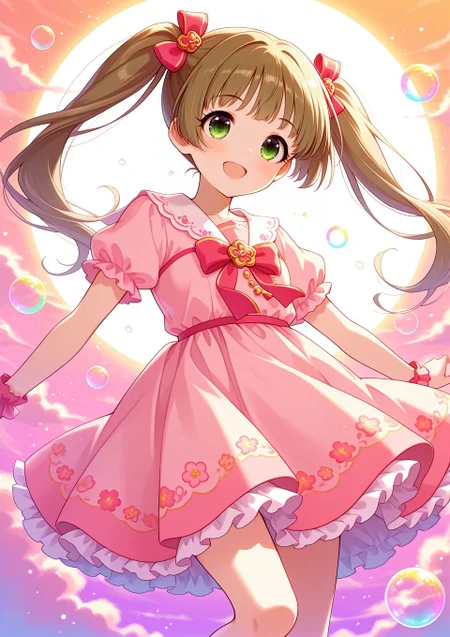 sfw, general,
<lora:Yokoyama_Chika_Cinderella:0.9>, Yokoyama_Chika_Cinderella, long hair, twintails, brown hair, hair ornament, green eyes,
idolmaster, idolmaster cinderella girls, pink dress, floral embroidery dress, pastel colors, colorful,
<lora:soap-bubble-fantasy-04:0.7>, soap bubble background fantasy, rainbow bubbles,
<lora:on_cloud_v1_illustrious_d:0.7>, on_cloud, cloud,, BREAK
masterpiece, best quality, amazing quality, very aesthetic, absurdres, newest,
<lora:Eyes_High_Definition:0.6>, eyesHD, high gradient eyes, detailed eyes, high definition eyes,
<lora:LECO_Particles:1>,
BREAK, <lora:brightness_slider:-0.5>,, general, dutch angle, oblique view, dynamic pose,