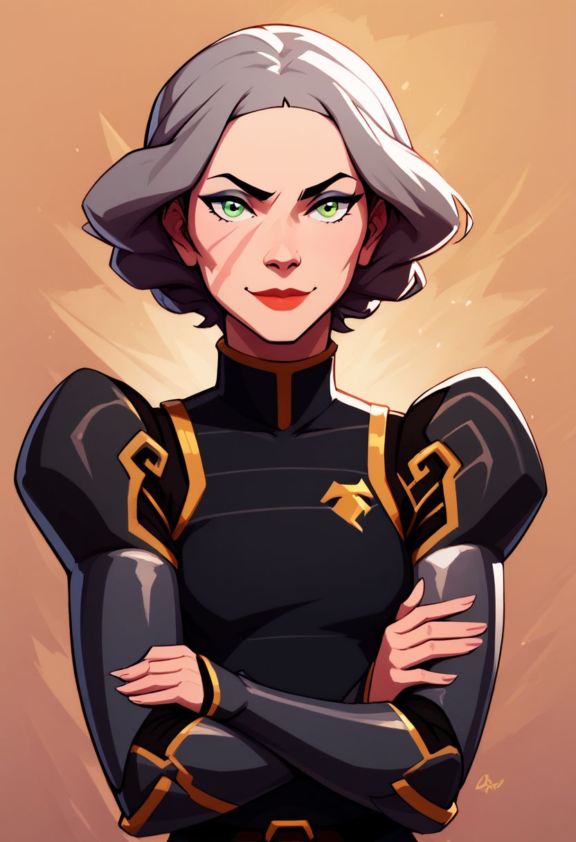 score_9, score_8_up, score_8, medium breasts, (curvy), cute, eyelashes,     
rating safe, 
BREAK, 
aaLinBeiFong, armor, short hair,  green eyes, grey hair, black uniform, makeup, scar, crossed arms, lipstick, 
,BREAK, 
smile, looking at viewer, upper body, 
abstract background, 
zPDXL, Expressiveh