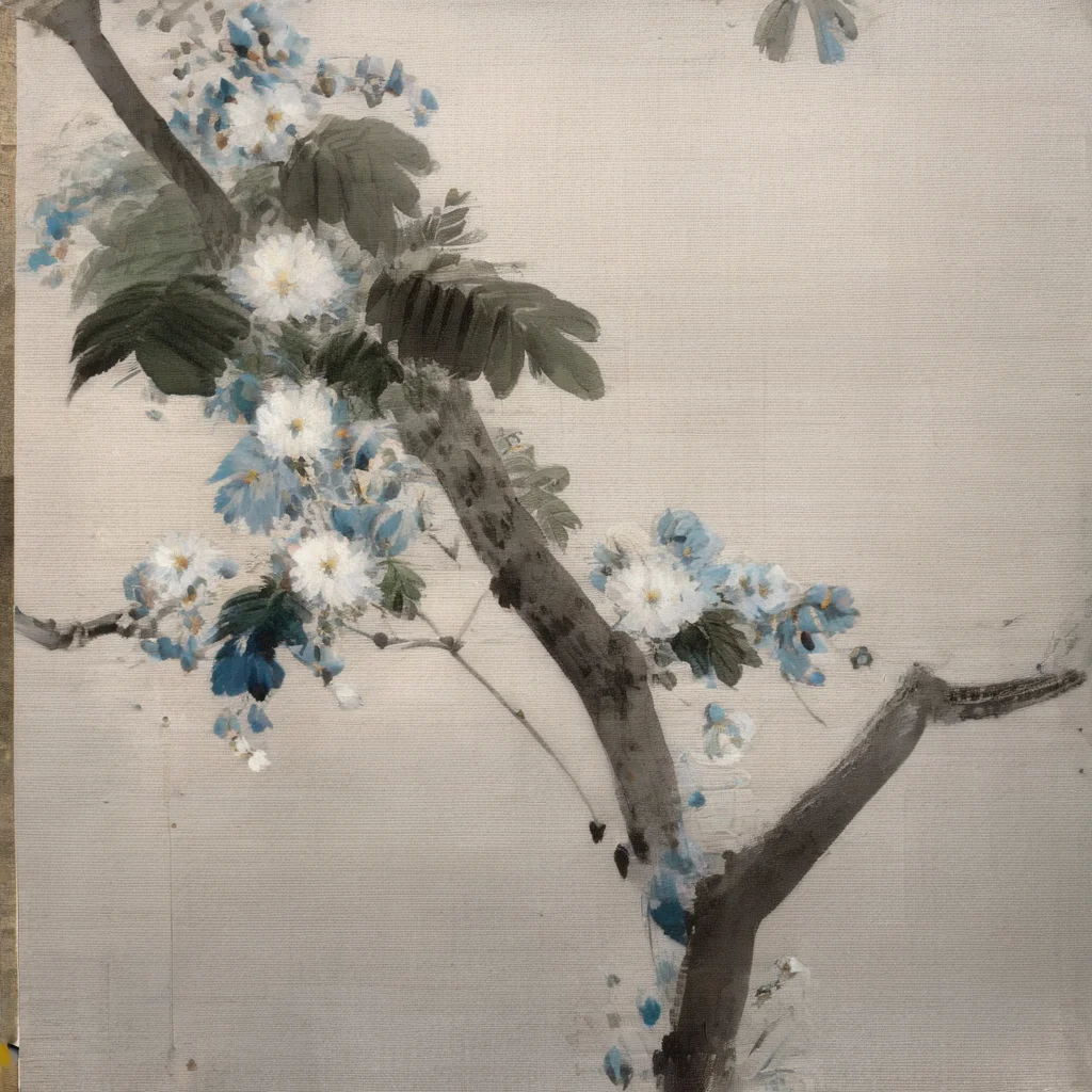 painting of a leafy tree with flowers, in the style of watseixl <lora:watseixlv:1.0>