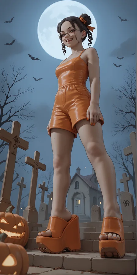 score_9, score_8_up, score_7_up, score_6_up, realistic,
wide angle, standing, low angle, foot focus, from side,
standing,
1girl, dark skin, goth, curly hair buns, round glasses, hair ornament, evil smile, fangs,
(mega wedge heels:1.2), platform footwear,
orange romper, skintight clothing,
halloween scene, fog, cemetery, night,
orange toenail polish,
embedding:zPDXLrl ,
embedding:zPDXL2 ,