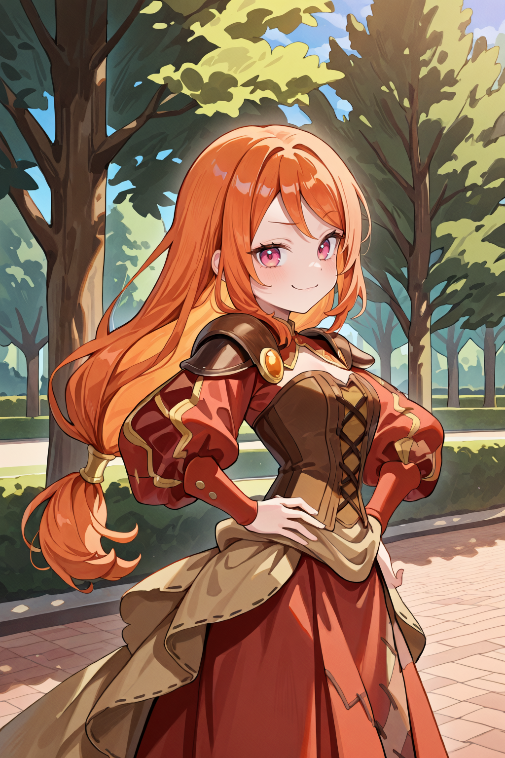 <lora:MonicaIL:0.8> , MoniDef, 1girl, pink eyes, long hair, orange hair, low-tied long hair, juliet sleeves, shoulder pads, patchwork clothes, layered dress, corset, brown corset, long skirt, red skirt, waist cape, beige waist cape, long sleeves, pantyhose, mary janes, black shoes, red sleeves, yellow juliet sleeves, looking at viewer, (cowboy shot), hand on hip, from side, smug smile, exterior, day, park, forest, looking to side, masterpiece, very aesthetic, absurdres, best quality, amazing quality, high resolution, detailed background, <lora:illustrious_quality_modifiers_masterpieces_v1:0.8> , <lora:ChamIllustriousBackgroundEnhancer:0.5>,