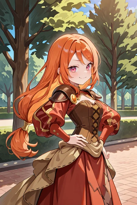 <lora:MonicaIL:0.8> , MoniDef, 1girl, pink eyes, long hair, orange hair, low-tied long hair, juliet sleeves, shoulder pads, patchwork clothes, layered dress, corset, brown corset, long skirt, red skirt, waist cape, beige waist cape, long sleeves, pantyhose, mary janes, black shoes, red sleeves, yellow juliet sleeves, looking at viewer, (cowboy shot), hand on hip, from side, smug smile, exterior, day, park, forest, looking to side, masterpiece, very aesthetic, absurdres, best quality, amazing quality, high resolution, detailed background, <lora:illustrious_quality_modifiers_masterpieces_v1:0.8> , <lora:ChamIllustriousBackgroundEnhancer:0.5>,