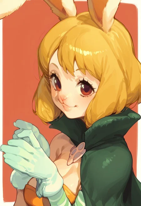 CarrotXLP, rating_explicit, score_9. score_8_up, score_7_up, 1girl, solo, horns, looking at viewer, pointy ears, cute pose, short hair, striped sleeves, glowing eyes, from side, closed mouth, breasts, Kartoon,
Expressiveh, gl0ss, solo, mature face, milf, sexy lips, smile, sexy smile, girl, red lightings, mature face, small face, orange short dress, bare shoulders, green cape, white gloves, open clothes, blonde hair, rabbit ears, rabbit girl, furry female, Opcarrot, rabit mouth, happy