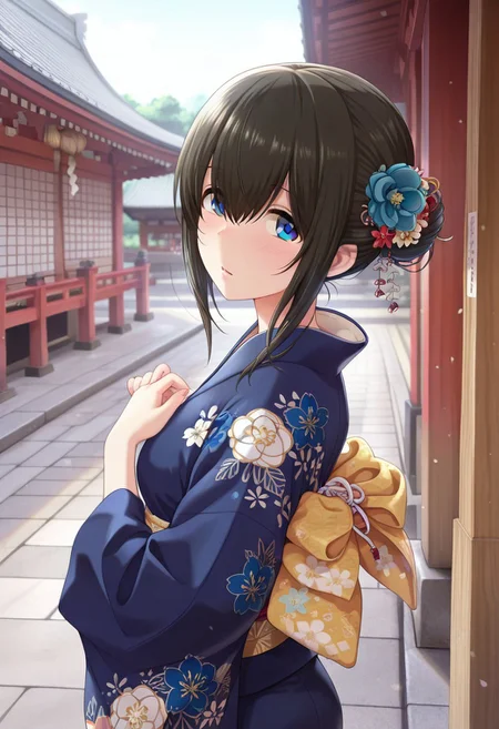 masterpiece,best quality,amazing quality, sagisawa fumika, black hair, blue eyes, japanese clothes, solo, 1girl, shrine, blue kimono, kimono, floral print, outdoors, single hair bun, hair ornament, hair bun, looking at viewer, hair flower