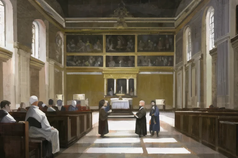 a painting of a group of people in a church with a priest in the center of the room and a priest in the back