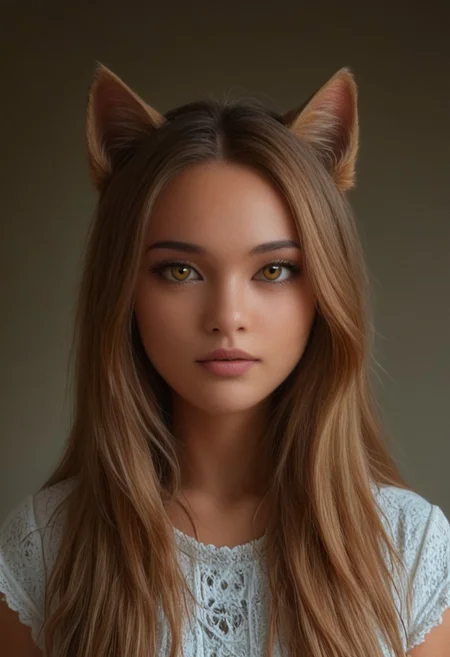 Cambodian woman, asian features, long hair, fitness body, toned muscle, An extreme photorealistic upper body shot of a cat girl with mesmerizing golden eyes and slit pupils. She has long, flowing two-tone hair, white and black, with striking, unrealistic beauty, tiny imperfections like pores, faint freckles, and slight skin texture variations to add realism. Realistic lip texture with soft lines, slight gloss, and natural color variation. Realistically detailed tear ducts, slightly moist, enhancing the natural appearance of the eyes. Faint, barely visible veins under the eyes, adding depth and authenticity to the skin. Individually rendered eyebrow hairs with natural variation in direction, length, and thickness. Variation in hair strand thickness, with some thinner and finer than others. Shadows that move with the character, responding to her position and the light source accurately, 28 YEARS OLD, wrinkles, denise, catgirl, Gothic castle, lively, luminescent, Majestic castle, big eyes, pmg style, white blouse.