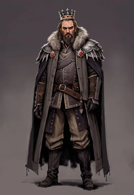 (Conceptual Art in jrst artstyle:1.2) about a mad king, hair down, dirty, stubble beard, sad, depressed, tear, tattered noble outfit, concept art
