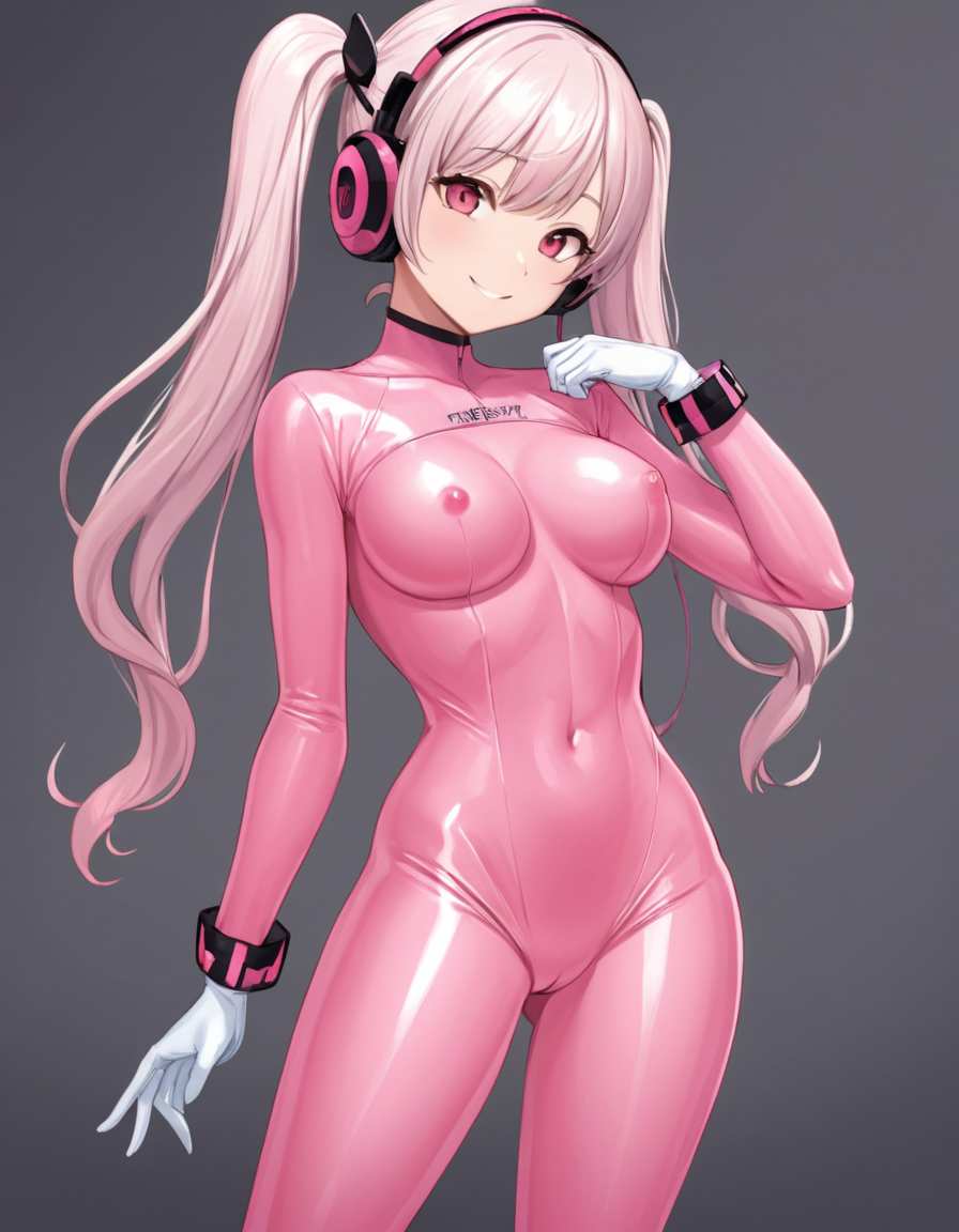 1girl, latex bodysuit,pink bodysuit, carved bodysuit, breasts out, pink nipples, headphones, twintails, shiny clothes, full body, bangs, long pink twintails, blush, gloves, impossible clothes, latex, latex bodysuit, short jacket, skin tight, shrug \(clothing\), medium breasts, slim waist, perfect body, slim legs, long sleeves, looking at viewer, pink eyes, simple background, skin tight, smile, solo, posing, very long hair, white gloves, white hair







