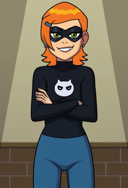 chgwen10, ((chgwen10 wearing luckgirl outfit)), arms crossed, solo, smirk, mask