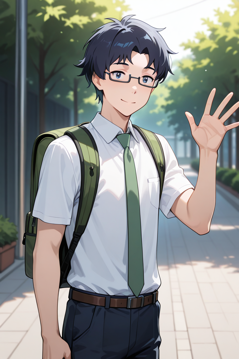 masterpiece, absurdres, newest, perfect quality, best quality, absolutely eye-catching, amazing quality, very aesthetic, high resolution, ultra-detailed, 1boy, male focus, solo, joe_kido_tri, dark blue hair, dark blue eyes, glasses, under-rim eyewear, collared shirt, white shirt, short sleeves, green necktie, pants, belt, green backpack, smile, closed mouth, waving, outdoors, detailed background, volumetric lighting, vibrant colors