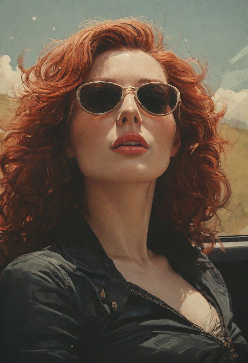 Muse and goddess of cinematic photo photo of a 30yo redhead woman, driving in a convertibal car, long hair flutters in the wind, freckles, sunglasses, bright sunlight, <lora:JuggerCineXL2:1> . 35mm photograph, film, bokeh, professional, 4k, highly detailed, languid, otherworldly color ink drawing by Abigail larson, Egon Schiele, Bill Sienkiewicz, Moebius,black and white,