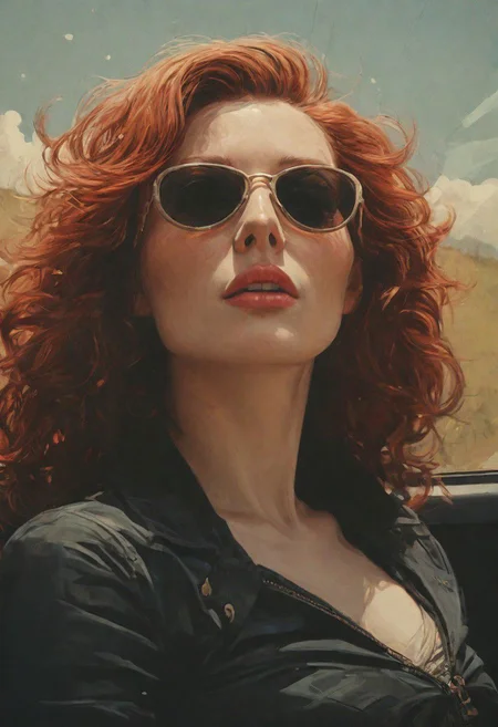 Muse and goddess of cinematic photo photo of a 30yo redhead woman, driving in a convertibal car, long hair flutters in the wind, freckles, sunglasses, bright sunlight, <lora:JuggerCineXL2:1> . 35mm photograph, film, bokeh, professional, 4k, highly detailed, languid, otherworldly color ink drawing by Abigail larson, Egon Schiele, Bill Sienkiewicz, Moebius,black and white,