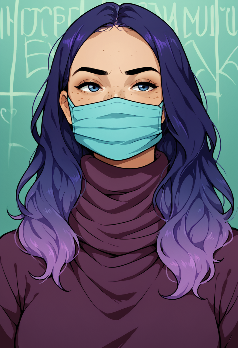 score_9, score_8_up, score_7_up, score_6_up, BREAK
1girl, solo, turtleneck, facemask, scarf, hijab, better cover all, or else, <lora:PulenKompot-UwU-PonyXL:1> uwu, 1girl, long hair, two_tone_hair, dark blue hair, purple hair, gradient hair, blue eyes, freckles, <lora:PulenKompot-Pulpawoelbo_Style_PonyXL:1> pulpawoelbo