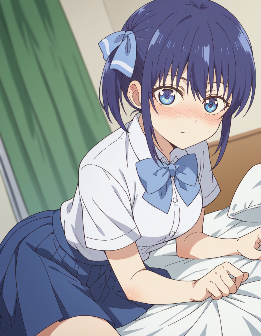 score_9, score_8_up, score_7_up, source_anime, <lora:nagisa-minase-s2-ponyxl-lora-nochekaiser:1>, nagisa minase, bangs, blue eyes, blue hair, hair ribbon, side ponytail,, skirt, shirt, bow, school uniform, white shirt, short sleeves, pleated skirt, bowtie, blue skirt,, indoors, bed, bed room, on side, blush, drunk, looking at viewer, solo,, cowboy shot, dutch angle