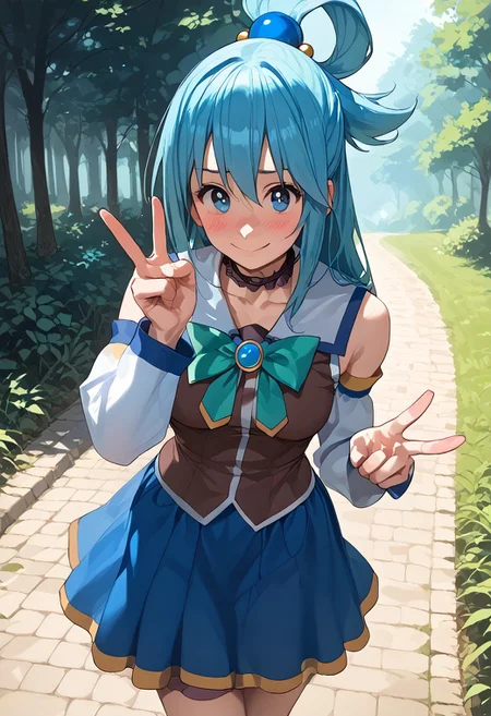 abbystea style, score_9, score_8_up, score_7_up, score_6_up, source_anime, absurdres, masterpiece, best quality, 1girl, aqua \(konosuba\), aqua hair, bare shoulders, blue hair, blush, bow, bowtie, breasts, choker, detached sleeves, hair ornament, hair rings, long hair, looking at viewer, large breasts, outdoors, skirt, smile, V gesture, solo, (perspective:1.1), from_above, nature, on a hill,